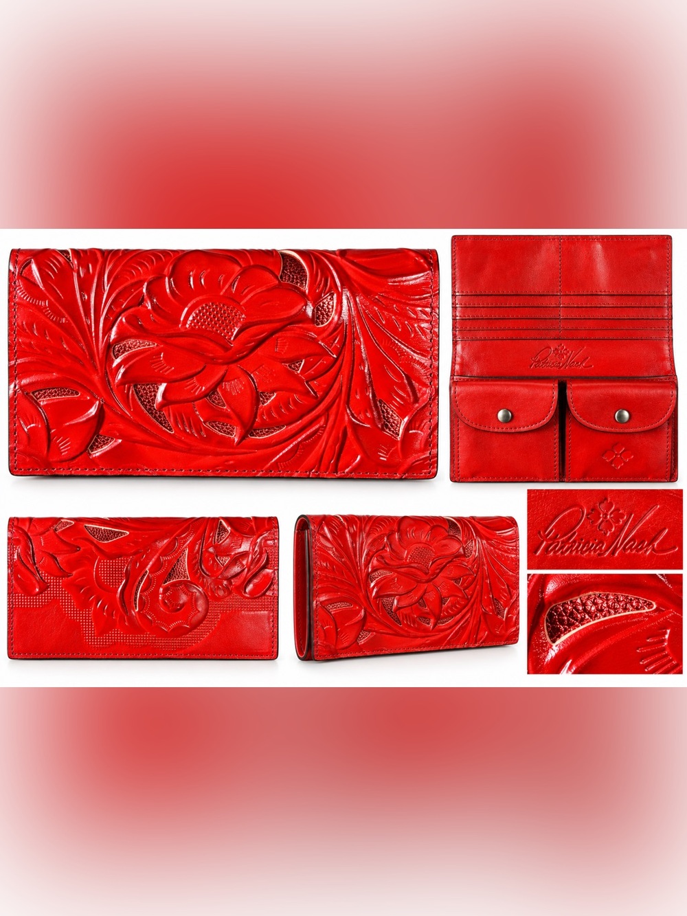Patricia Nash Red Leather Tooled Floral Wallet Clutch Organizer Bifold